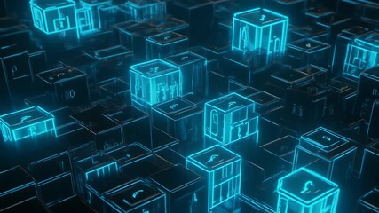 Abstract digital landscape of glowing blue cubes and interconnected blocks representing data flow, network, and futuristic technology infrastructure - Powered by Adobe