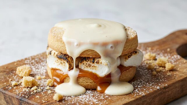 A close-up view of a decadent dessert being prepared with a creamy vanilla custard poured over a stack of toasted marshmallows, caramel, and biscuit