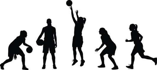 Basketball players silhouettes performing dribbling shooting jumping and running actions isolated on white background for sports fitness design © Arman