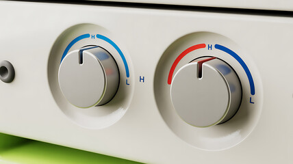 Close-up of two chrome knobs with blue and red indicators for temperature control on a white appliance