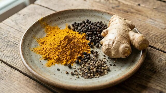 A close-up of a rustic ceramic plate featuring a pile of bright yellow turmeric powder, whole black peppercorns, and cracked black pepper, next to a