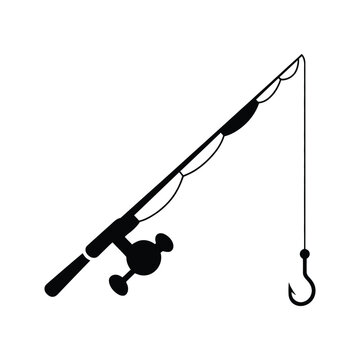 Simple black fishing pole with hook illustration on white background is shown