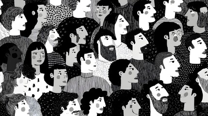 Diverse Group of People Illustrated in Black and White Style.