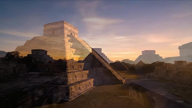 Chichen Itza ancient Mayan city in Mexico at sunrise with motion time lapse video of Kukulcan pyramid and surrounding temples
