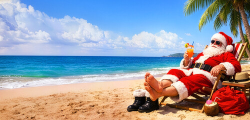 Santa Claus relaxing on a tropical beach vacation