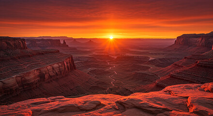 Stunning sunset over a vast desert canyon landscape with vibrant orange and red hues.