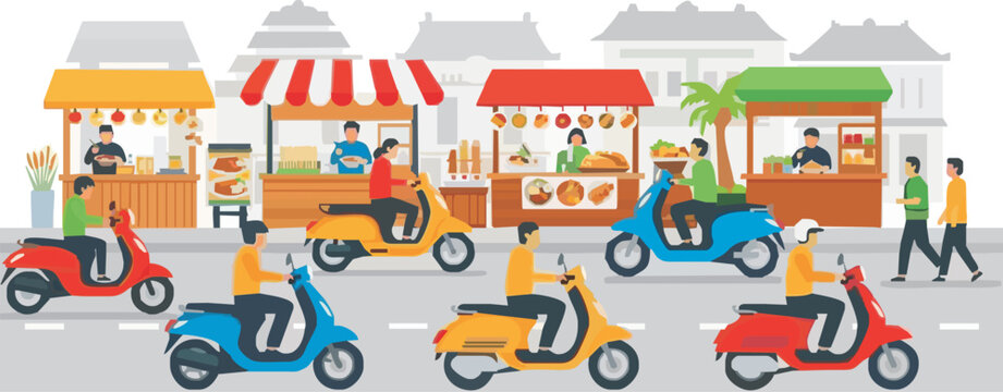 Vector illustration of a busy Indonesian street market scene. Motorcyclists riding scooters past traditional food stalls selling satay and noodles. Urban Asian city life concept.