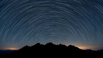 Star Trails Over Silhouetted Mountains Under a Circular Night Sky Panorama.