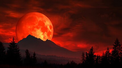 Dramatic Blood Moon Eclipse Over Silhouetted Mountain Range.