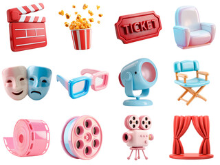 3d Pastel Movie Essential Icons and Objects Collection