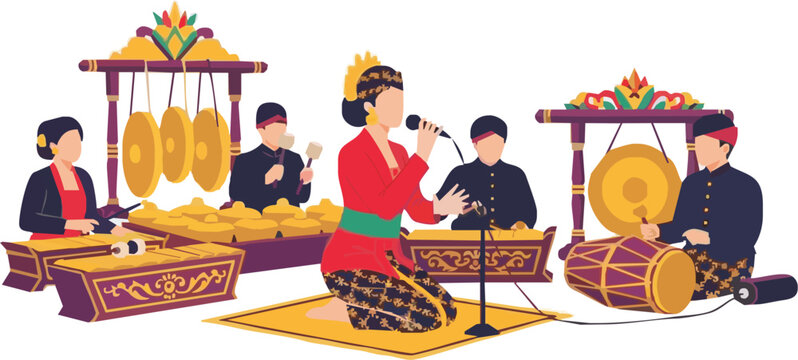 Vector illustration of a traditional Javanese Gamelan musical performance. Female Sinden singer with musicians playing gong, saron, and kendang instruments. Indonesian cultural orchestra.