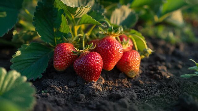 Fresh ripe strawberries growing in a lush garden, perfect for healthy eating and cooking inspiration