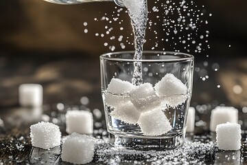 In the glass, sugar cube is being poured upon for a sweet beverage