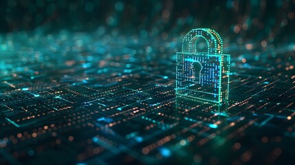 Glowing digital padlock symbol made of blue and green data points on a futuristic circuit board background. Cybersecurity, data protection, and internet privacy concept.