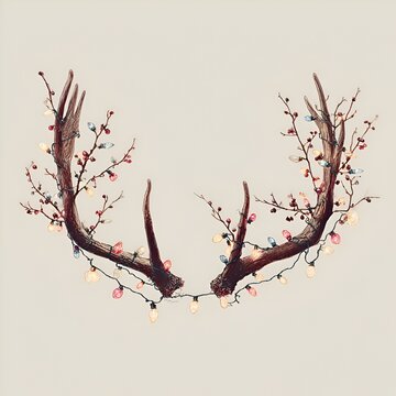Antlers adorned with st lights and delicate branches bea small berries create a whical and festive decorative arrangement.