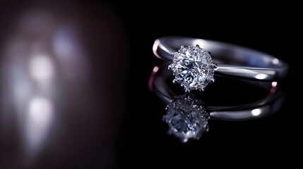 Fototapeta premium Elegant Diamond Engagement Ring Sparkling on a Reflective Black Surface.