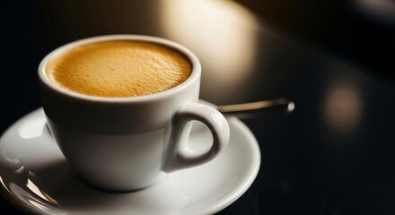 White espresso cup with crema on a saucer with spoon