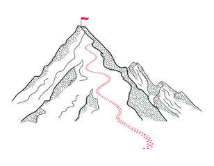 Mountain Climbing Route to Top Rock, a vector illustration showing a path with a red flag on the peak, symbolizing business journey, progress