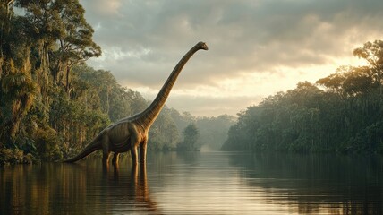 breathtaking shot of a colossal Brachiosaurus drinking from a wide, serene river, its long neck reaching high above the canopy, its reflection clear on the water's surface, golden hour light