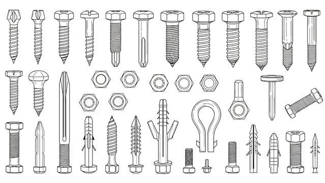 Industrial Hardware Fasteners Vector Set, Collection of Screws, Bolts, Nuts, and Wall Plugs in Line Art Style