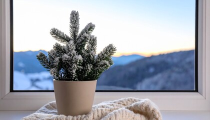 Small Artificial Snowy Christmas Tree in Pot on Windowsill with Knitted Blanket, Overlooking Winter Mountain Landscape at Sunset