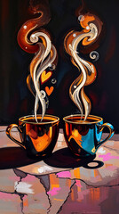 Painting of two colorful coffee cups with steam and heart shapes on tabletop, Valentine's Day concept