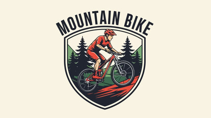 Mountain bike sport logo badge featuring rider going downhill in forest shield vector illustration design