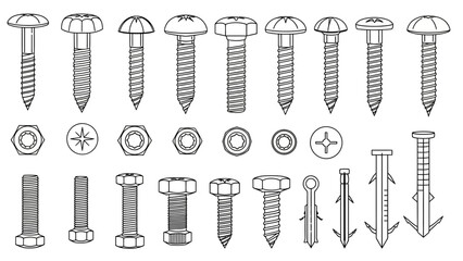 Collection of metal screws bolts and wall anchors outline icon set construction hardware vector illustration
