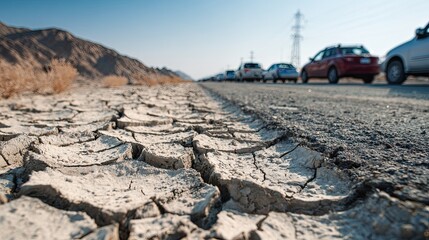 A dry, cracked road surface lines a busy highway, highlighting drought conditions and environmental challenges in the area.