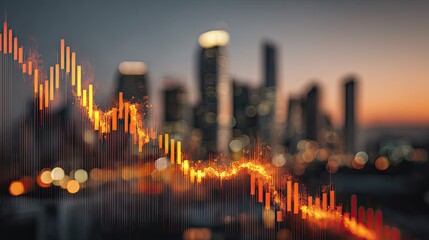 A dynamic financial graph overlays a blurred city skyline at sunset, representing market trends amidst urban lights.