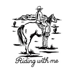 Cowboy Riding Horse Western Line Art Illustration