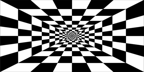 Obraz premium Trippy checkerboard background. . Geometric grid checkerboard pattern forms a tunnel optical illusion.