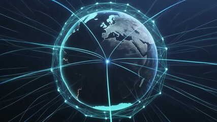 Global digital network expanding across the spinning Earth planet displaying modern technology and worldwide communication lines with data connections - Powered by Adobe