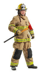 Firefighter in protective gear holding fire axe isolated on white