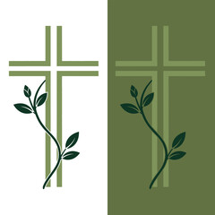 cross with leafy vine on white and green backgrounds