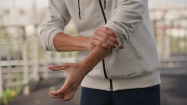 man rolling sleeves on rooftop rail, closeup of wrists and fists, zippered hoodie and urban skyline blurred in background, intense focused posture suggesting training or confrontation under cloudy