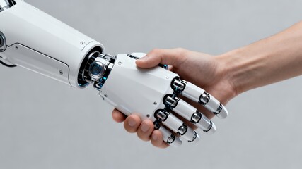 Robotic hand shaking a human hand, representing collaboration between artificial intelligence and humans.