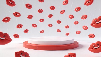 Cheerful 3D Cartoon Podium Surrounded by Floating Smiling Lip Icons with Gentle Rain Effect in a Whimsical Background