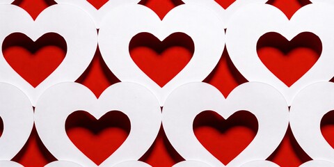 Clean White Paper Background with Simple Heart Shapes Cut Out Revealing Solid Red Color for Romantic or Creative Themes