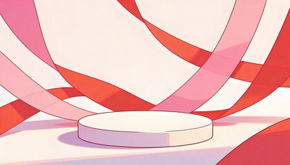Simple Cartoon Podium with Flowing Red and Pink Ribbons in a Soft Background Ideal for Creative Presentations