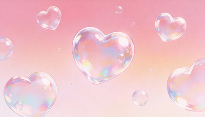 Soft Pink Gradient Background with Floating Translucent Soap Bubbles Shaped Like Hearts in a Dreamy Atmosphere
