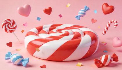 Vibrant 3D Cartoon Candy Podium with Red and White Swirl Lollipop Surrounded by Floating Hearts and Colorful Confetti