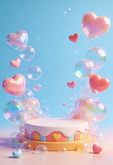 Colorful 3D Cartoon Podium Surrounded by Soft Erupting Bubbles and Floating Hearts on a Light Blue Background