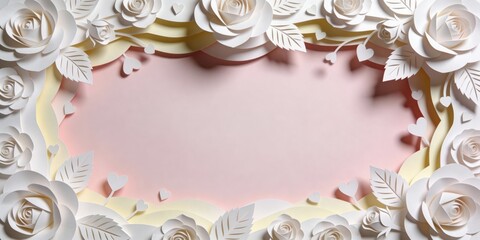 Elegant Paper Cut Design Featuring White Roses, Leaves, and Small Hearts Framing a Soft Empty Space for Customization