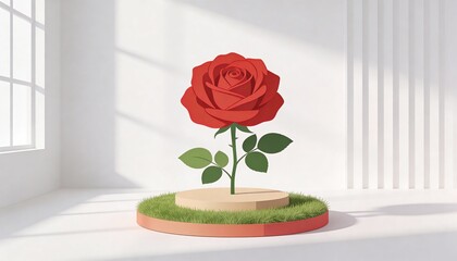 Single Giant Red Rose Design on Flat Podium Surrounded by Small Patch of Grass in Bright Modern Interior Space