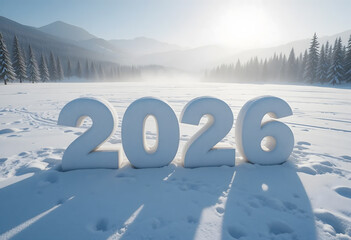 New Year 2026 Snow Text in Winter Mountain Landscape