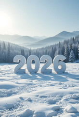 New Year 2026 Snow Text in Winter Mountain Landscape