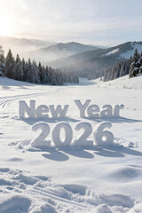 New Year 2026 Snow Text in Winter Mountain Landscape