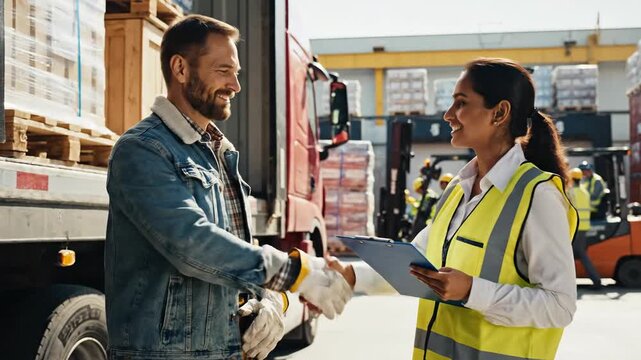 Two people converse in front of a truck and warehouse full of freight, a forklift moves boxes in the background