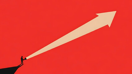 Silhouette Man Shines Light on Ascending Arrow Graphic - Business Growth Concept.